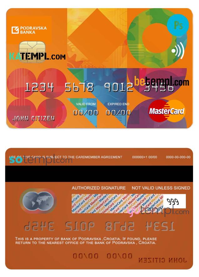 Croatia Podravska bank mastercard credit card template in PSD format, fully editable